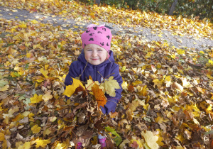 Dziecko pozuje do zdjęcia trzymając jesienne liście